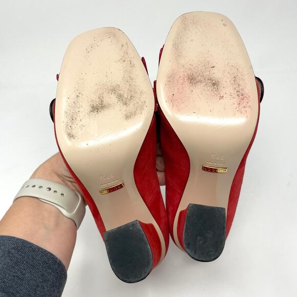 Gucci Marmont Interlocking GG Red Suede Leather Block Heel Fringe Pumps EU 37.5 - Picture 9 of 14